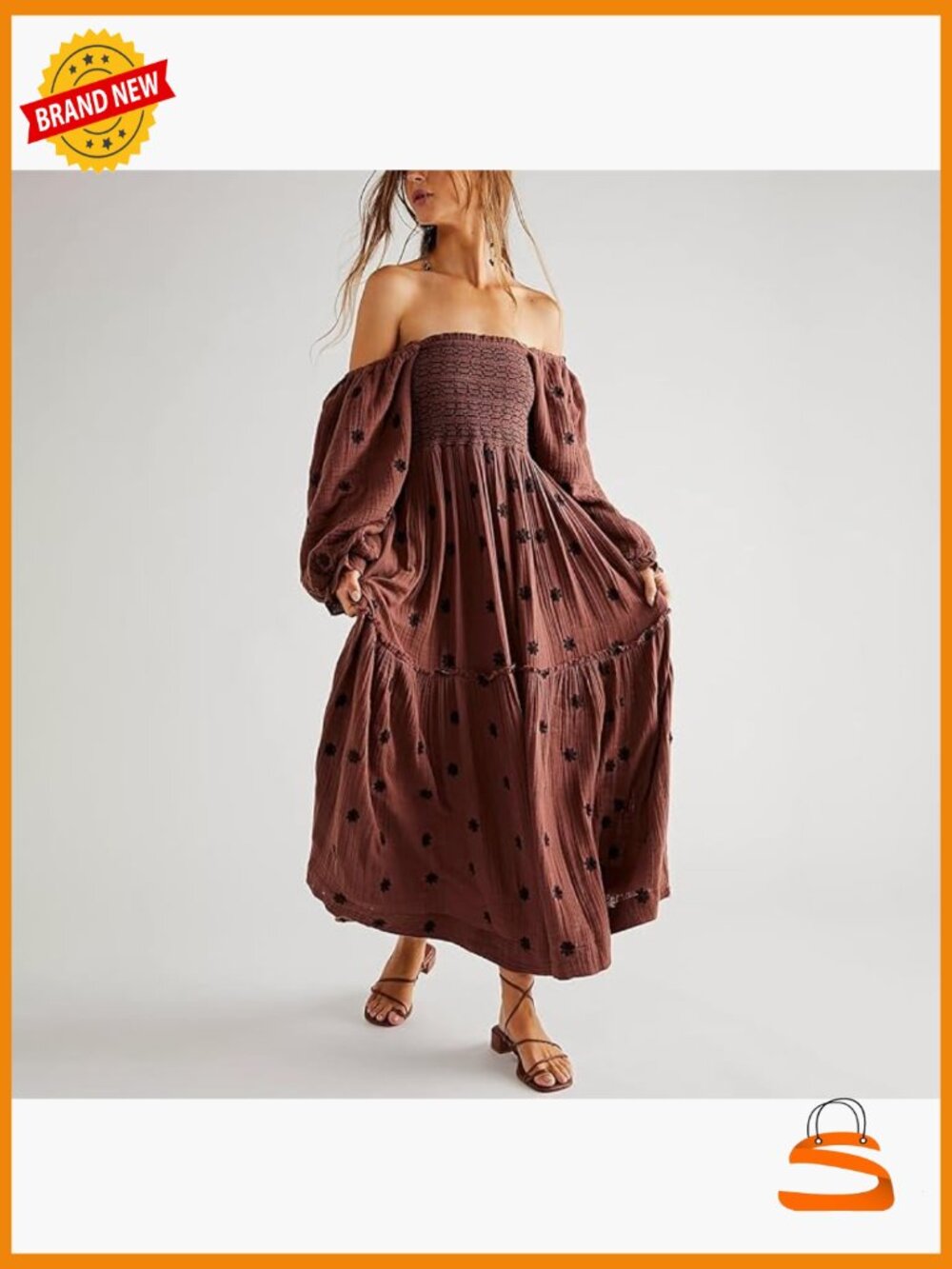Women Flor Embroidered Maxi Dress Puff Sleeve Square Neck Boho Dress Pocket - Picture 4 of 4